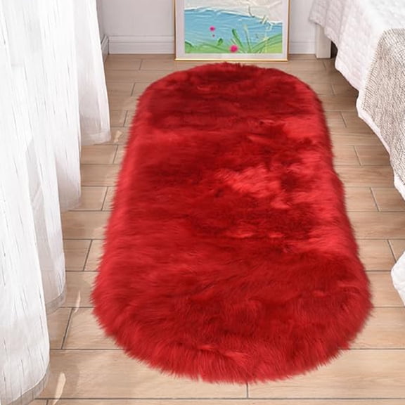 FUDAKUNA Red Oval Area Rugs 24"x48" Soft Comfortable Faux Fur Sheepskin Shaggy Carpet for Bedroom Living Room Nursery Floor Mats