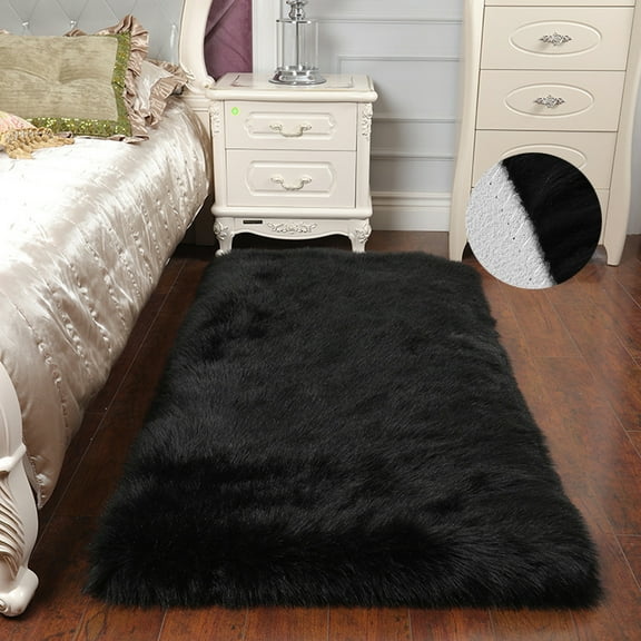 FUDAKUNA Soft Area Rugs 20" x 60" Fluffy Faux Fur Sheepskin Non Slip Backing Rectangular Shaggy Black Carpet