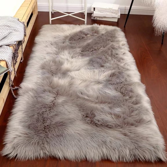 FUDAKUNA Soft Area Rugs 20" x 60" Gray Rectangular Fluffy Faux Fur Sheepskin Non Slip Backing Shaggy Carpet