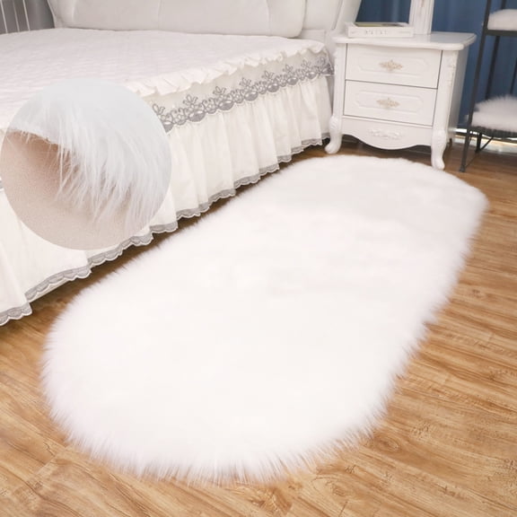 FUDAKUNA Soft Fluffy Area Rugs 24" x 48" Faux Fur Sheepskin Non Slip Backing Shaggy White Oval Carpet