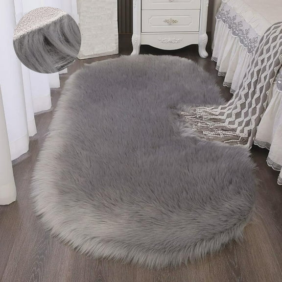 FUDAKUNA Soft Fluffy Gray Area Rugs 24" x 48" Faux Fur Sheepskin Non Slip Backing Oval Shaggy Floor Mat