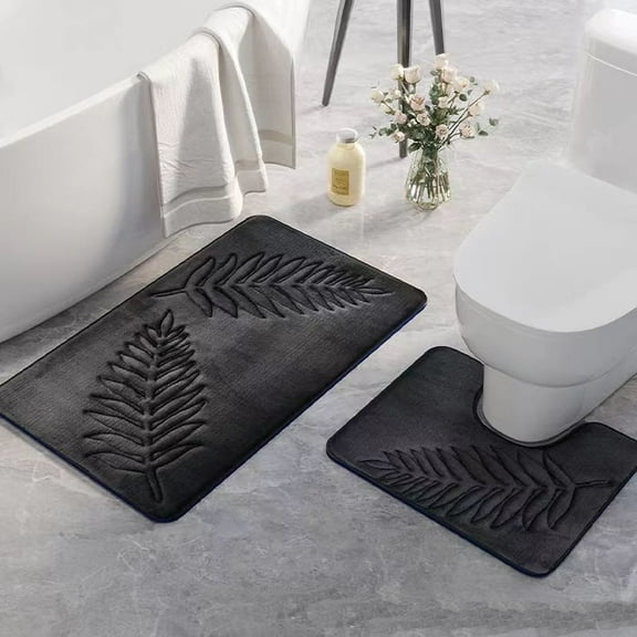 FUDAKUNA Soft Memory Foam 2 Pcs/Set Bathroom Rugs Anti Slip Absorbent U-Shaped Toilet Mat Dark Gray Leaves Pattern Decor