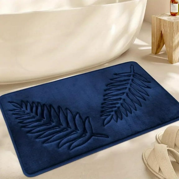 FUDAKUNA Soft Memory Foam Bath Rugs 20"x32" Absorbent Anti Slip Bathroom Rug Dark Blue Leaves Pattern Floor Mats Washable