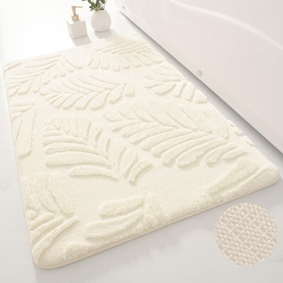 FUDAKUNA Soft Memory Foam Bathroom Rugs Absorbent 20"x32" Beige White Leaf Pattern Floor Mats Doormat