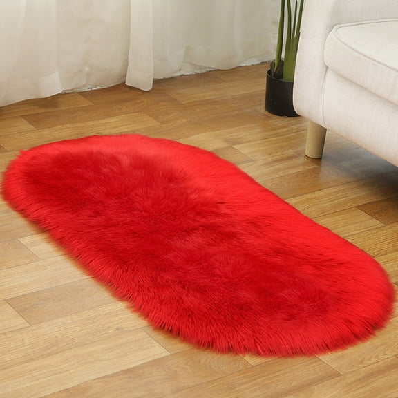 FUDAKUNA Soft Plush Red Oval Rugs Mat 24 x 36inch Faux Fur Sheepskin Shaggy Small Carpet for Bedroom Living Room Nursery Cushion