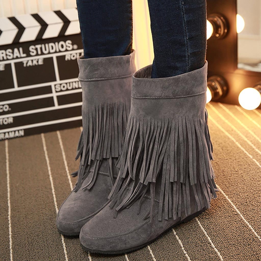 FUDERU Fringed Boots Women Fashion Increased Flat Bottom Wedges Short Boots Suede Boots Grey 38