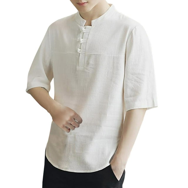 FUDERU Mens Tops Mens Cotton and Linen T Shirt Chinese Short Sleeve ...