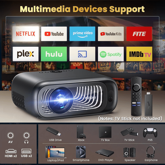 FUDONI 1080P Native Projector with WiFi 6 & Bluetooth, 4K Supported Home Theater Projector, Max 300" Display, Compatible with HDMI/USB for Outdoor Movies & Gaming