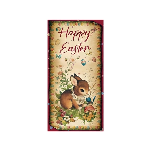 FUDUUIU Easter Bunny Door Cover – Spring Floral Wreath and Bunny Design – Perfect for Front Door Decoration, Porch Decor, or Easter Party Backdrop 180*90cm