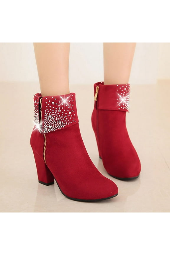 1 Pair Red Bride Short Boots For Women With High Heel And Side Zipper Pu And Rubber Material Elegant Style