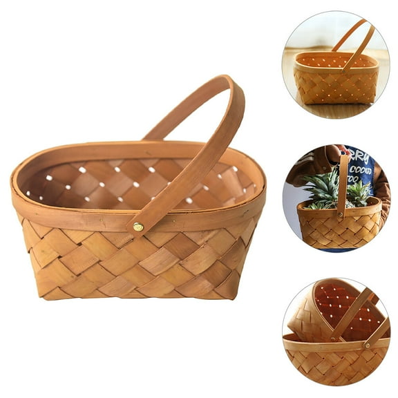 FUEENIRVA Orange Wooden Woven Basket, Portable Storage Solution, Stylish and Sturdy