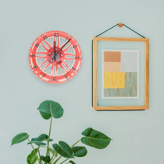 FUEENIRVA 1Set Retro Design Car Wheel Wall Clock Red Acrylic 30.00X30.00X4.00Cm For Home Interior
