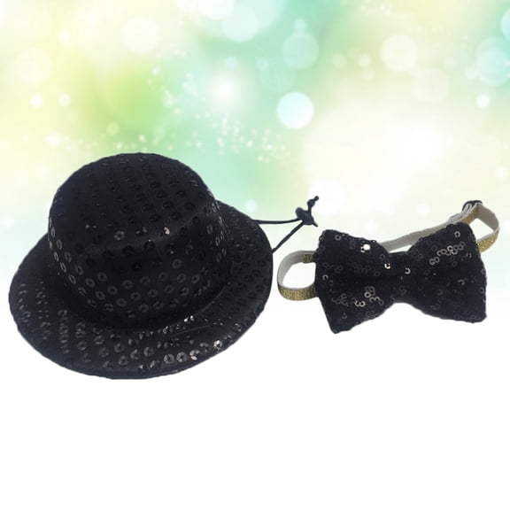 FUEENIRVA 2Pcs Dog Pet Sequins Hat and Tie Set Black Soft Comfortable Party Photo Props