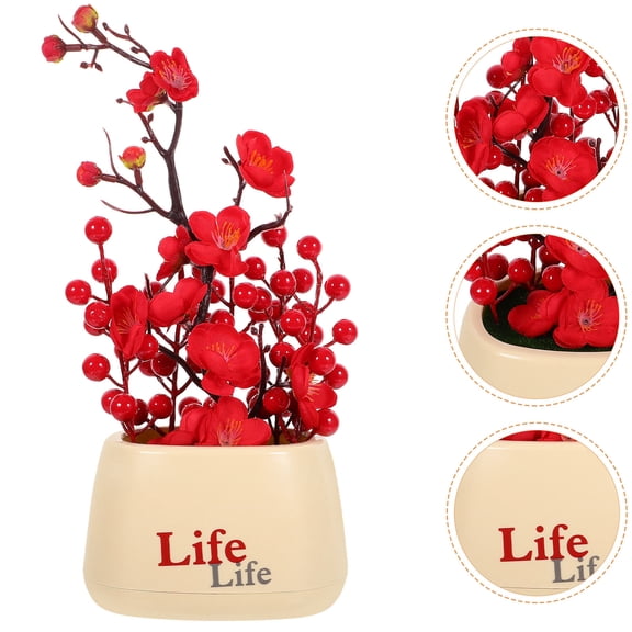 FUEENIRVA Artificial Plum Blossom Tree Fruit Potted Plant, Faux Bonsai Floral Decor for Home Office Tabletop Centerpiece