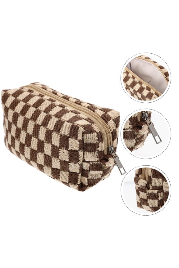 Coffee Plaid Woolen Yarn Cosmetic Bag Portable Toiletry Pouch for Travel Storage