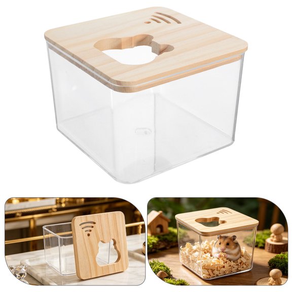 FUEENIRVA Hamster Sand Bath House Acrylic with Wooden Lid Khaki Small Pet Bath Basin