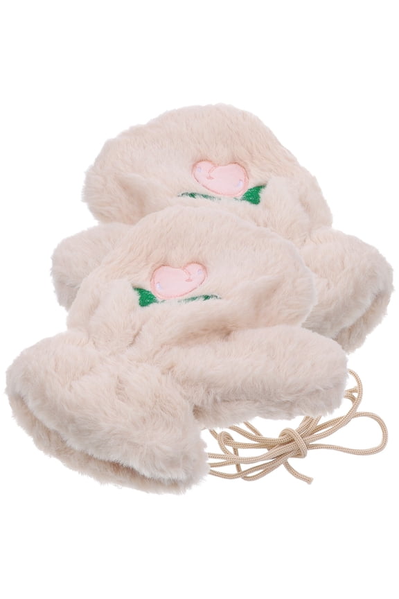 Cute Fuzzy Gloves Warm Women Polyester Beige 1 Pair for Traveling