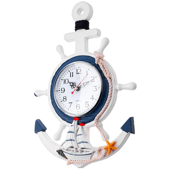 FUEENIRVA Mediterranean Style Anchor Clock with Ship Wheel Design for Nautical Home Decor