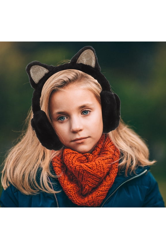 Black Plush Cat Ear Earmuffs, Winter Windproof, Comfortable and Cute