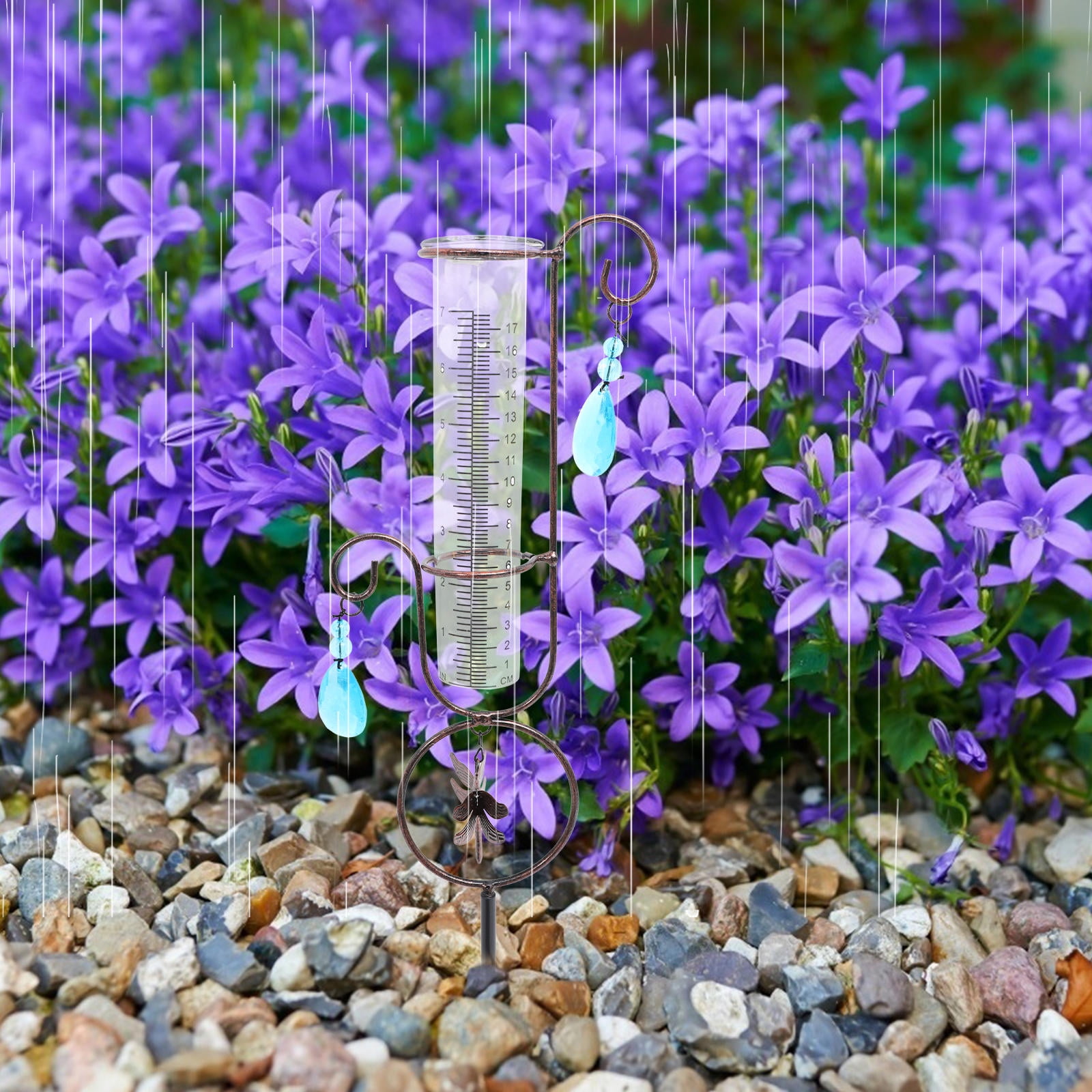 FUEENIRVA Brown Outdoor Rain Gauge with Decorative Spiral Dragonfly for Accurate Garden and Lawn Rainfall Measurement