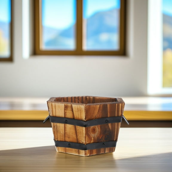 FUEENIRVA Rustic Style Wooden Flower Bucket 1Pack 11.8X11.8X3.1In Carbonized Solid Wood for Gardeners Coffee Color