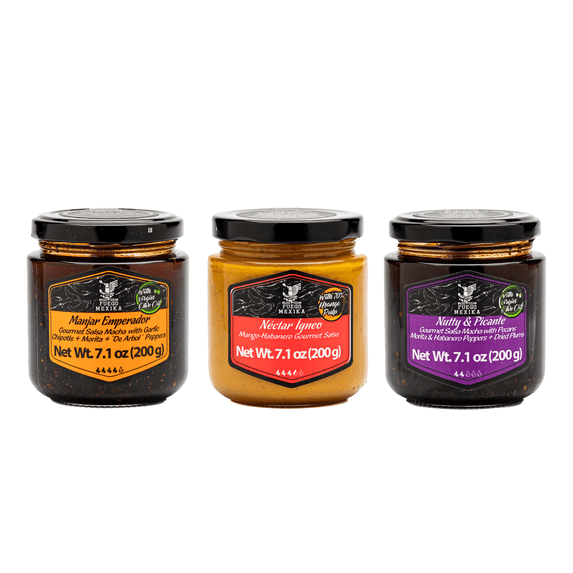 FUEGO MEXIKA | Top-Gourmet Salsas Essential Kit: Manjar Emperador + Nectar Igneo + Nutty & Picante | made from natural whole ingredients | gift ready.