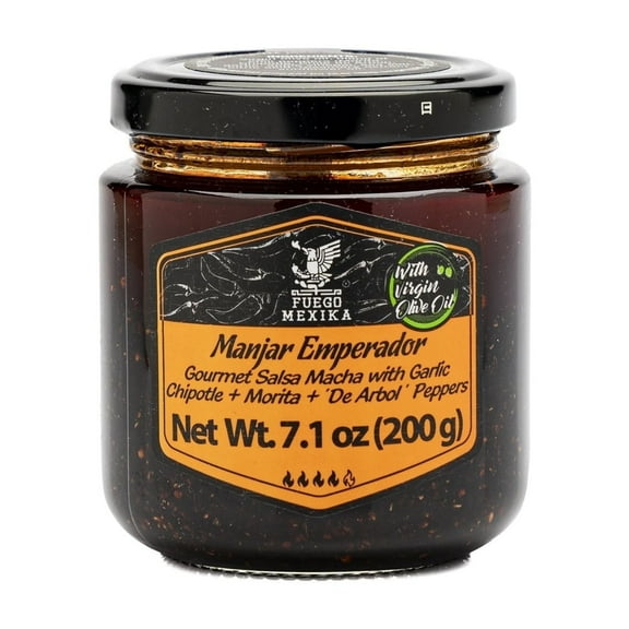 FUEGO MEXIKA® | Manjar Emperador - craft Mexican Salsa Macha: Chipotle, Morita Chili Peppers & Garlic, roasted and bathed in virgin Olive Oil.