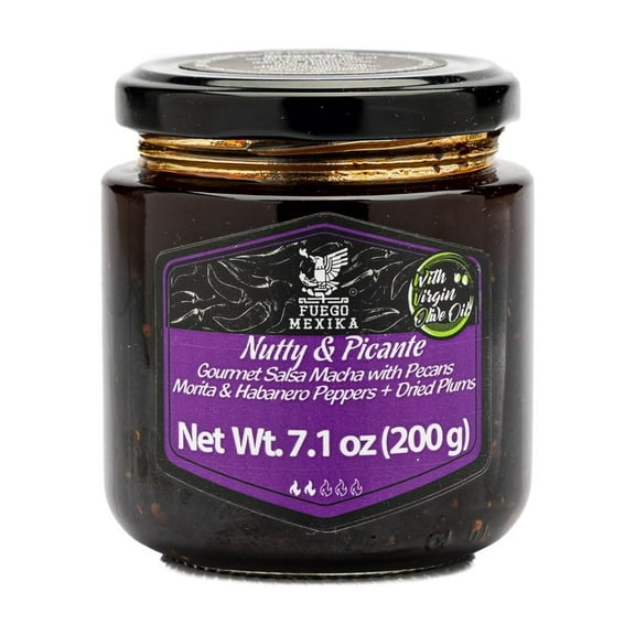 FUEGO MEXIKA | Nutty & Picante | gourmet Salsa Macha with Prunes and Pecans - Morita & Habanero blend.