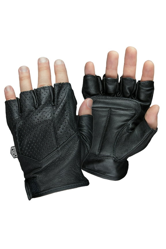 FUEL Adult Black Fingerless Leather Motorcycle Gloves Black - Large