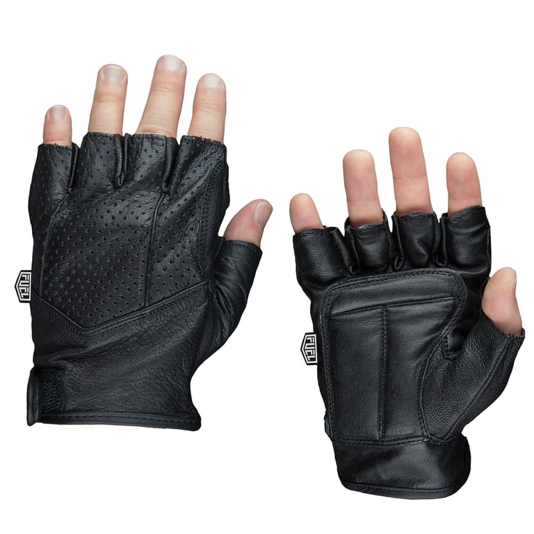 FUEL Adult Fingerless Leather Motorcycle Gloves in Black, Size XL