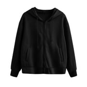 FUELEGO Clearance Women Casual Solid Long Sleeve Zipper Pocket Shirt Hooded Sweatshirt Tops Plain Hoodies Teens Knitted Jacket Women Black Zip Up Hoodie