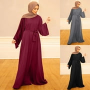 FUELEGO Women's Casual Dress Solid Muslim Dress Flare Sleeve Abaya Elegant Dress Arab Kaftan Long Sleeve Solid Dress