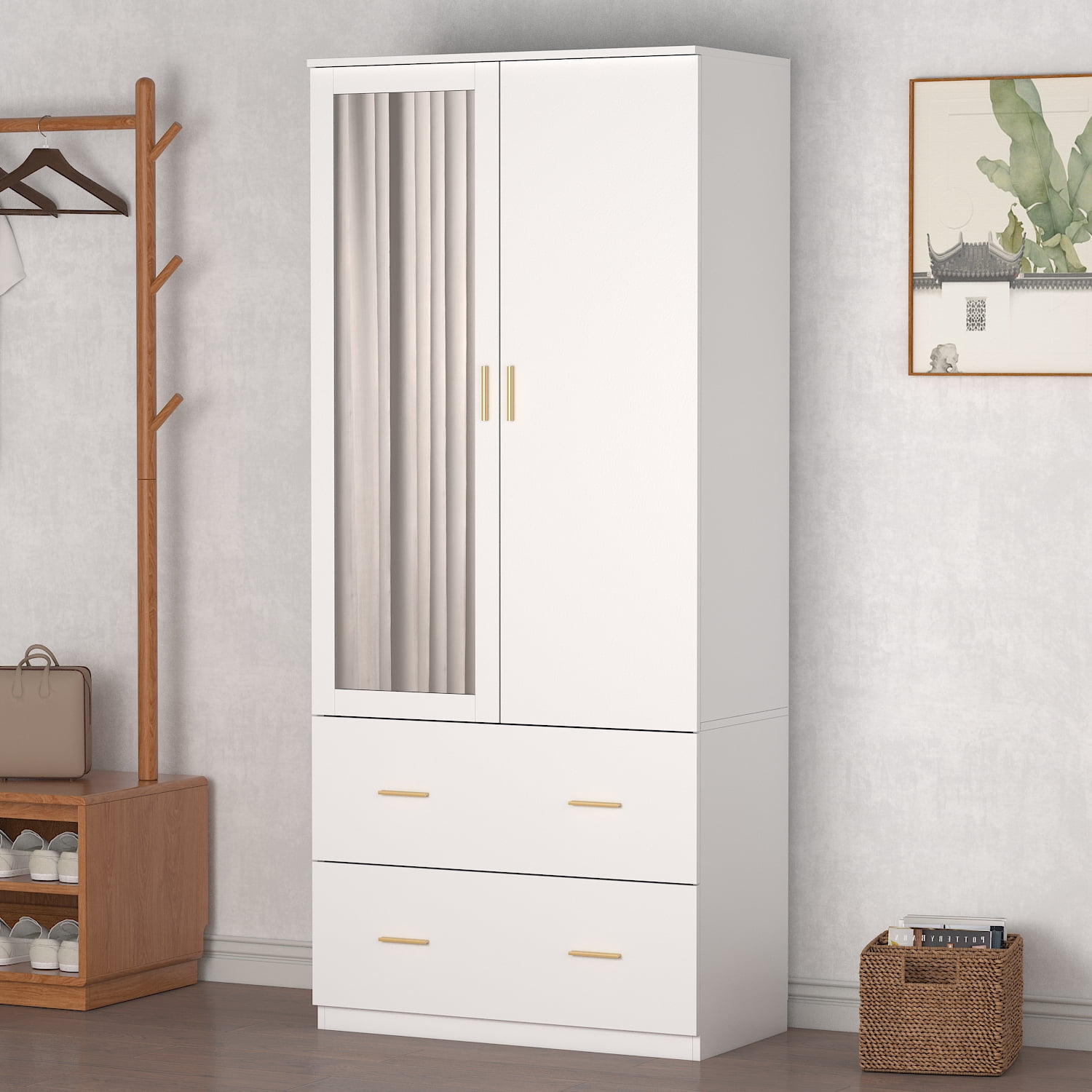 FUFU&GAGA 2-Door Wardrobe with Drawers, Mirror, Rod, Shelves FUFU&GAGA 2-Door Wardrobe with Drawers, Mirror, Rod, Shelves