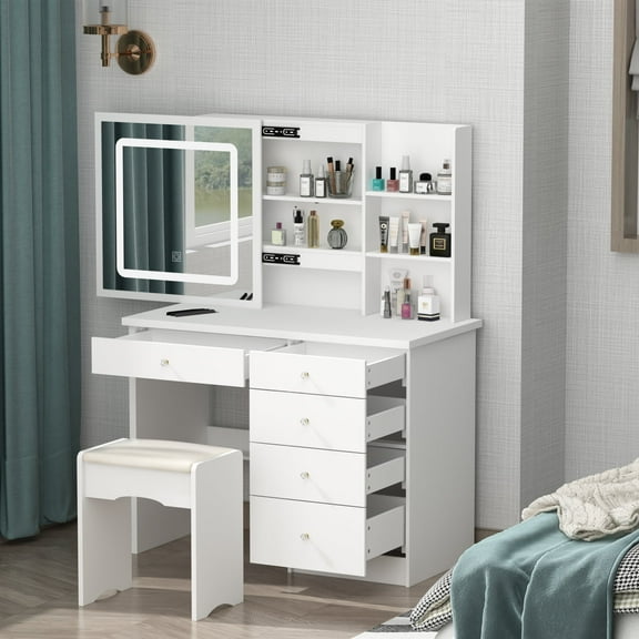 KULAGAGA Makeup Vanity Table with Sliding Lighted Mirror, Vanity Desk Makeup Dressing Table with 5 Drawers and Cushioned Stool for Women and Girls,White