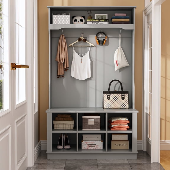 KULAGAGA 3-in-1 Hall Tree Storage Bench and Coat Rack with 6 Storage Cube and 4 Steel Double Hooks Gray