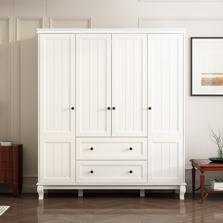 FUFU GAGA 4 Door White Wardrobe Armoire Closet with 2 Drawers and Hanging Rod