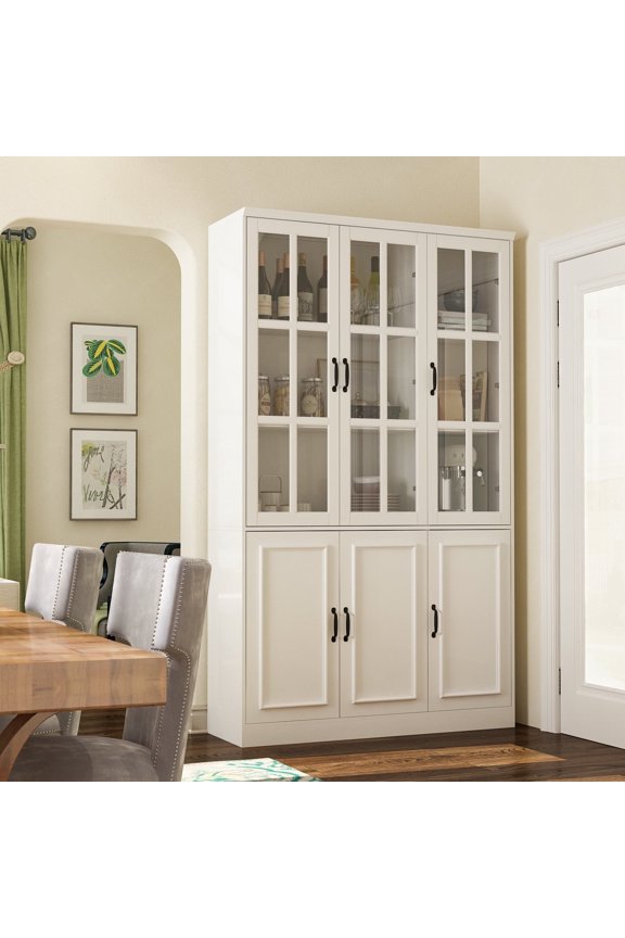 6-Door White Bookcase Display Cabinet, 78.7" Tall Freestanding Pantry with Glass Doors