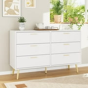 FUFU&GAGA 6 Drawer White Dresser, 47.2” Double Dresser with Gold Metal Handles and Legs, Modern Chest of Drawers Wood Storage Cabinet for Bedroom Living Room, 47.2”W x 15.7”D x 30.1”H