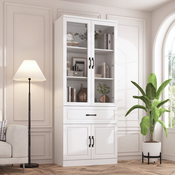 KULAGAGA 78.9" Bookcase Display Cabinet with Glass Door and Drawer, Kitchen Pantry Storage Cabinet for Living Room