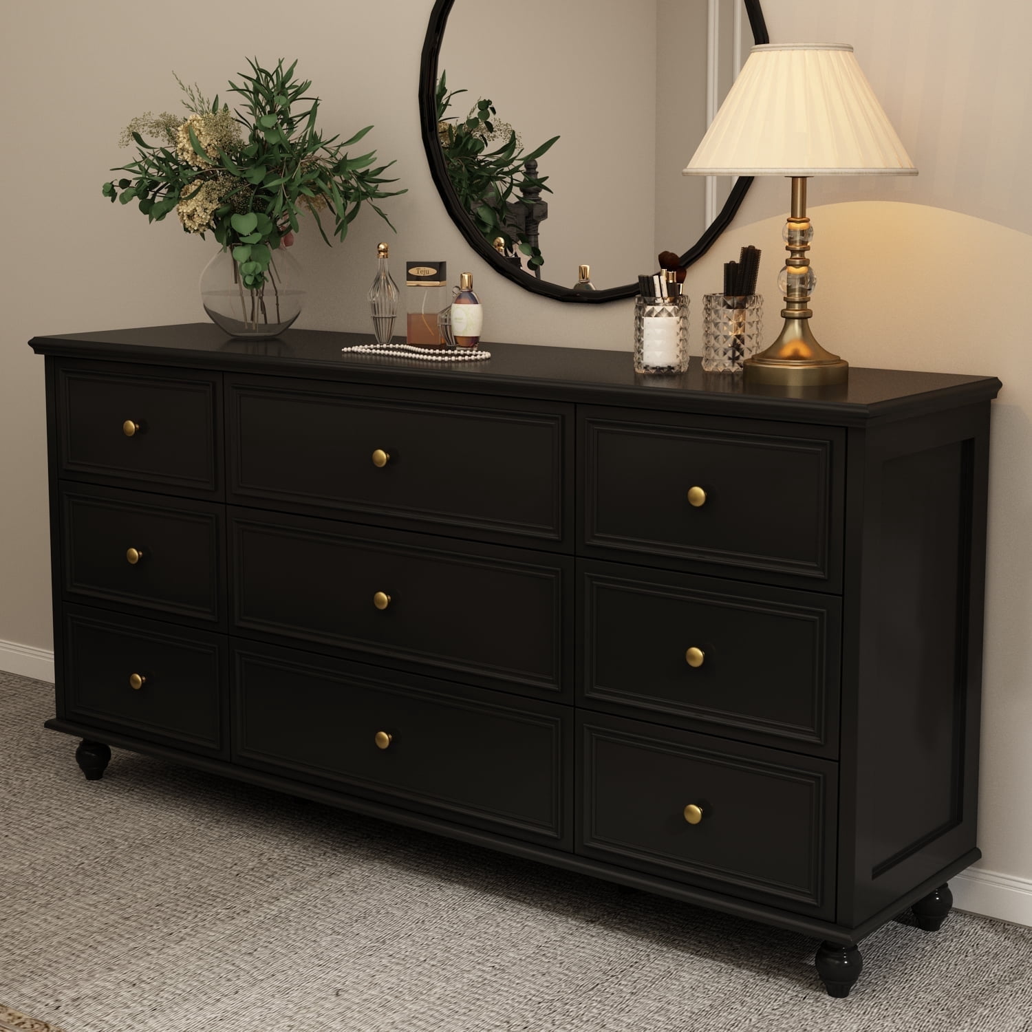 KULAGAGA 9 Drawer Dresser for Bedroom, 63" Wide Dresser Organizer Chest of Drawers for Nursery Black