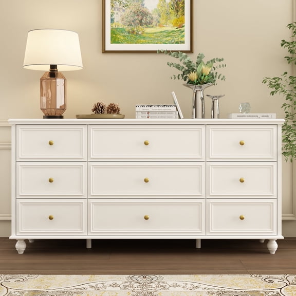 KULAGAGA 9 Drawer Dresser for Bedroom, 63" Wide Dresser Organizer Chest of Drawers for Nursery White