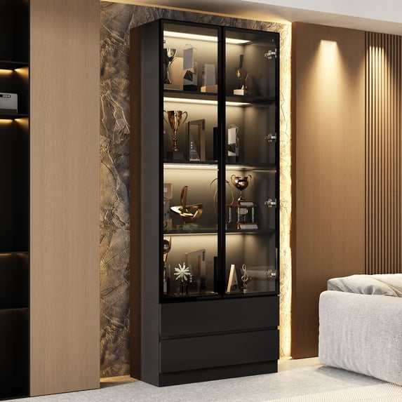 KULAGAGA Bookcases Organizer with LED Lights, Heavy Duty Display Cabinet with Glass Door and 2 Drawers for Living Room, 31.5" Wide