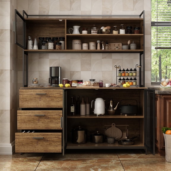 KULAGAGA Buffet Cabinet Sideboard, Microwave Storage Cabinet with 3 Storage Drawers, Hutch, Metal Mesh Door for Dining Room Kitchen, Walnut