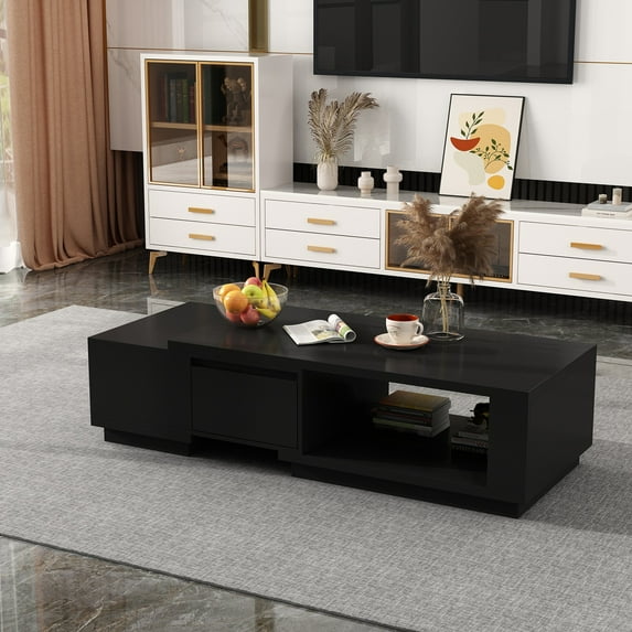 FUFU&GAGA Coffee Table with Drawer, Extendable Cocktail Tea Table for Living Room, Black