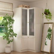 KULAGAGA Corner Armoire Wardrobe with Frosted Glass Doors, L-Shaped Closet Cabinet with Shelves and Hanging Rail for Bedroom