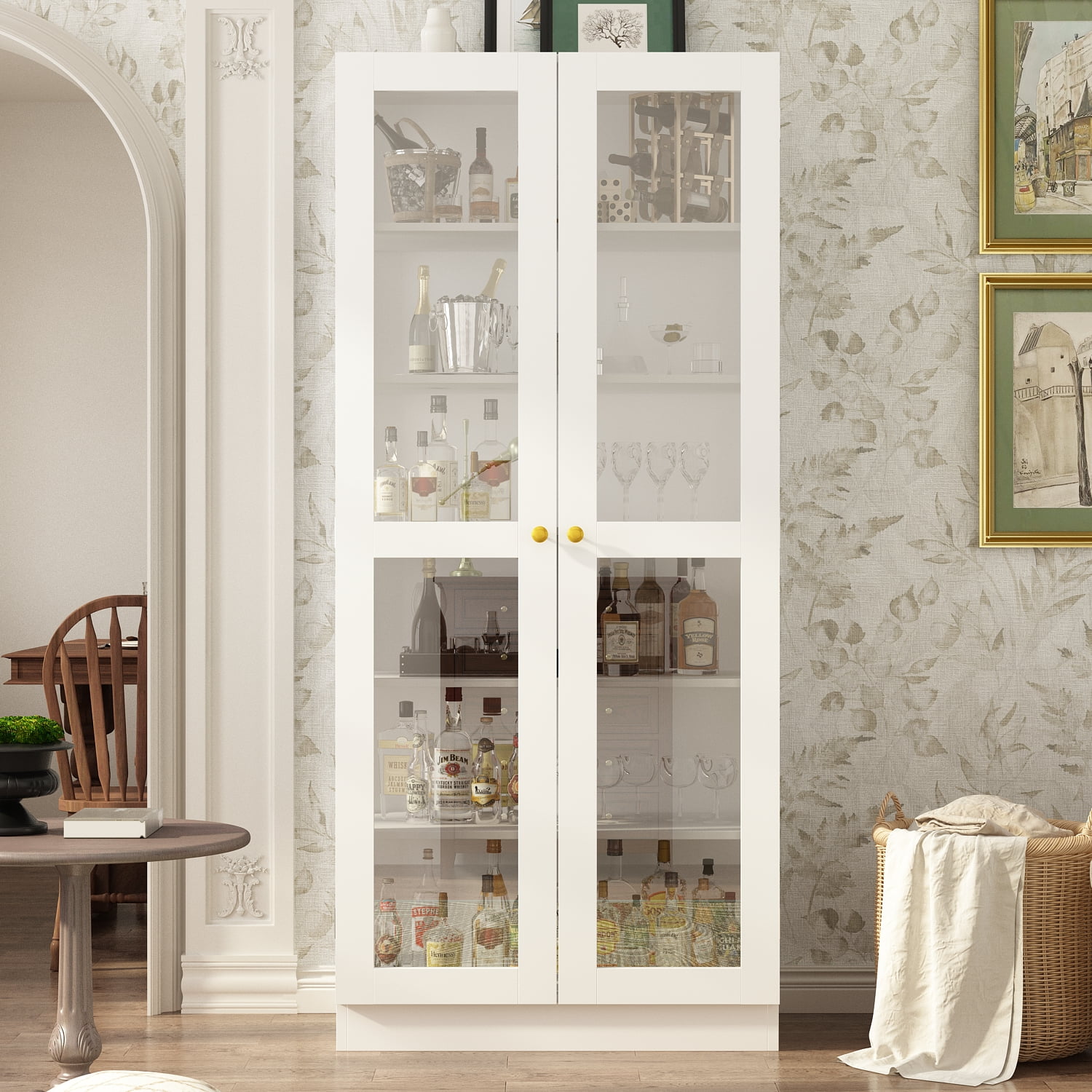 Modern White Composite Curio Cabinet with Glass Doors