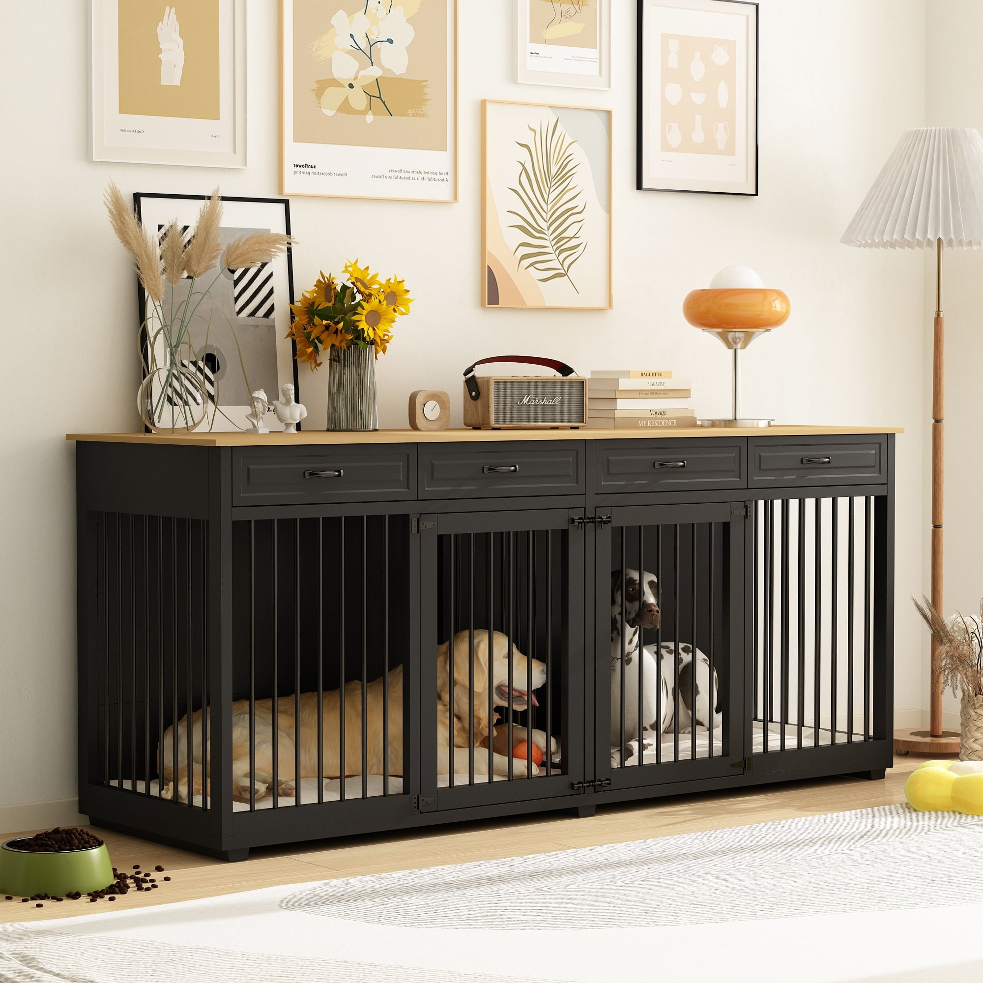 Extra Large Black Wood Dog Crate Furniture with Drawers