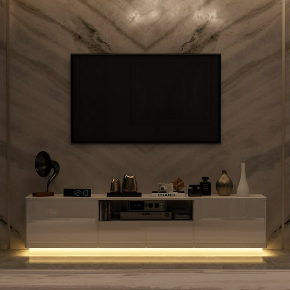 KULAGAGA Entertainment Center with LED Lights, High Gloss TV Stand with 2 Storage Drawer and Open Shelves for Living Room