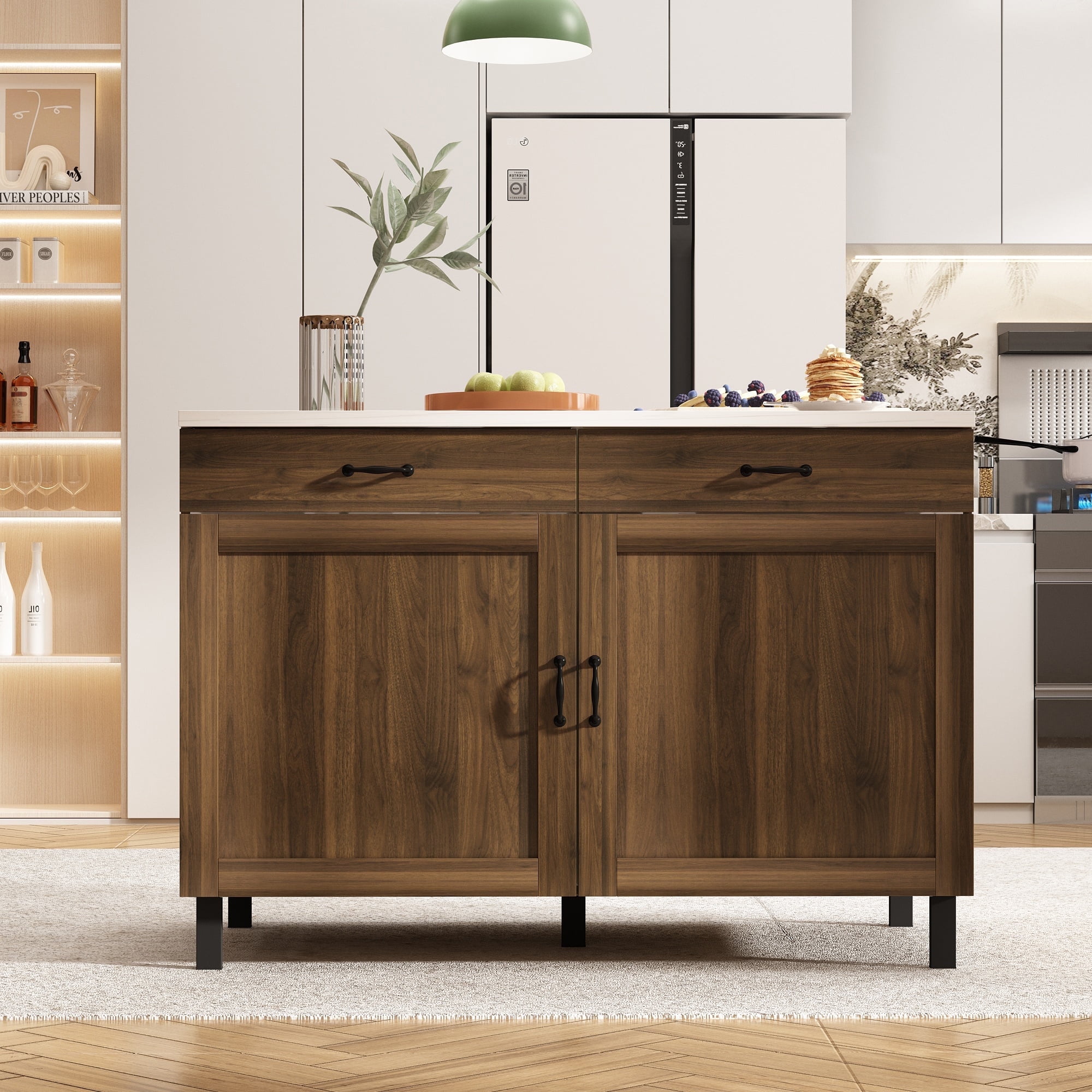 FUFU&GAGA Kitchen Island, Rustic Brown with Drawers, Buffet
