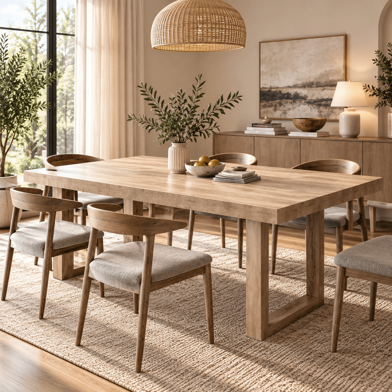FUFU&GAGA Family Dinner Dining Table, Seats 6-8, Rectangular Oak